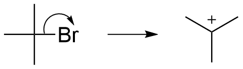 A drawn mechanism: the carbon-bromine bond of tert-butyl bromide breaking, with a curved arrow onto the bromine, giving a tertiary carbocation.